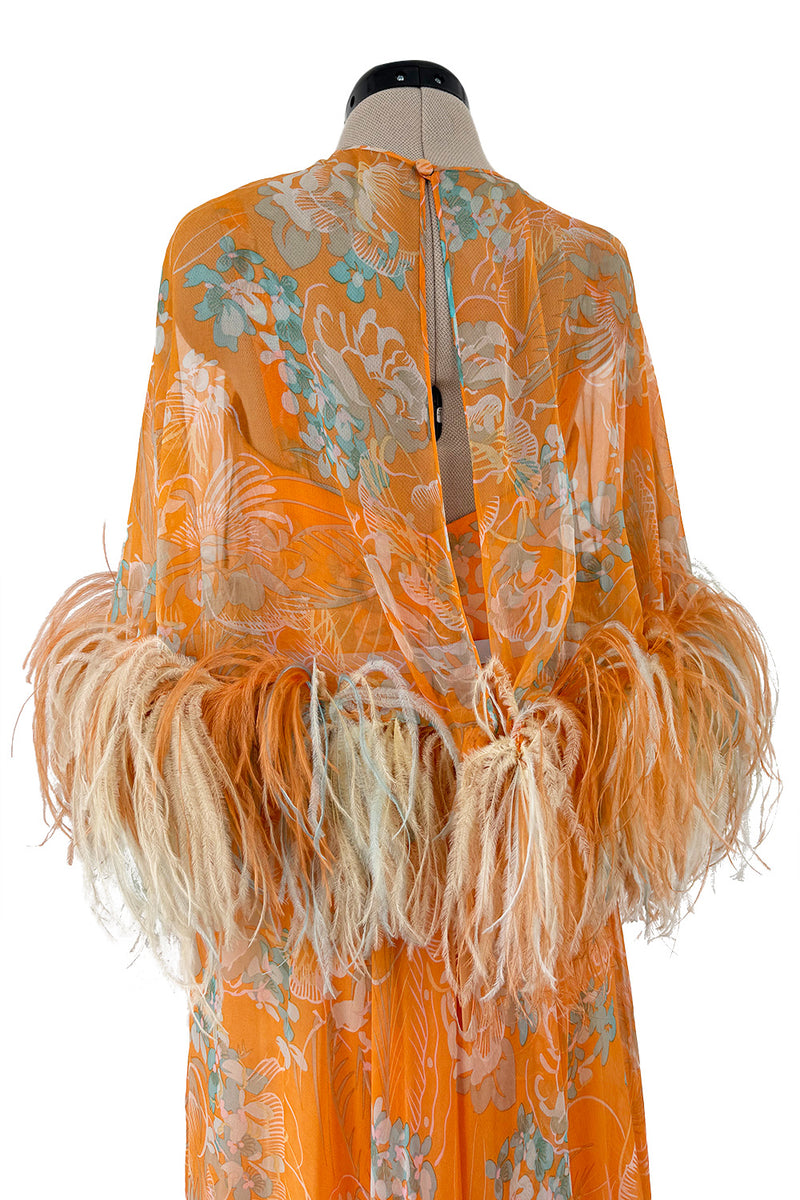 Exquisite 1960s Harry Algo printed Peach Silk Chiffon Dress w Feather Detailing