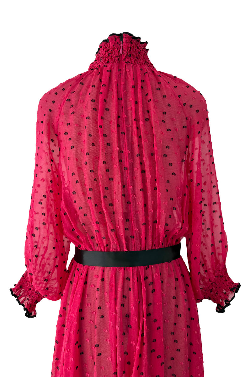 Recent Christian Dior Deep Pink Chiffon Dress w Black Dots & Gathered Neck