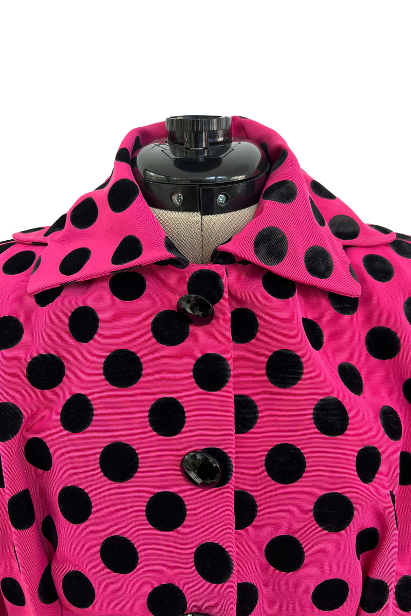 Rare 1988 Christian Lacroix Demi-Couture Luxe Pink & Black Dot Silk Suit