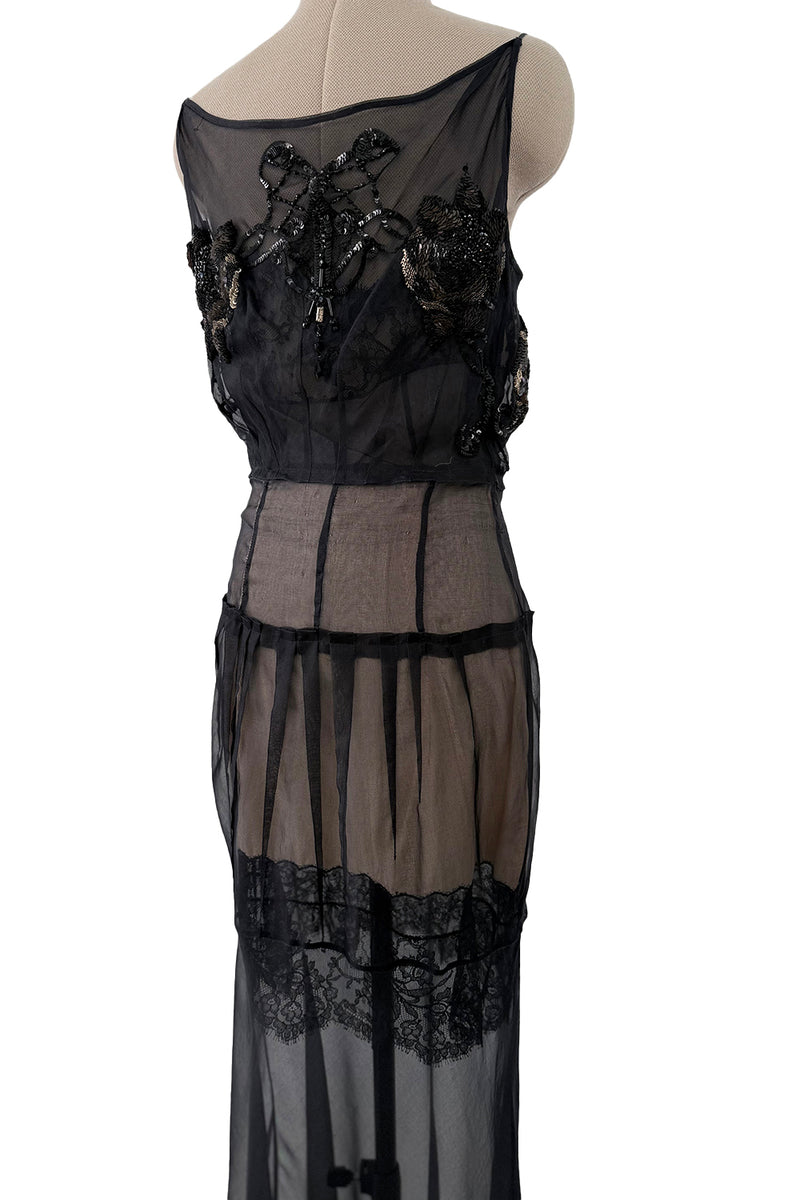 c.2006 John Galliano Black Silk Organza & Lace Dress w Elaborate Sequin Detailing