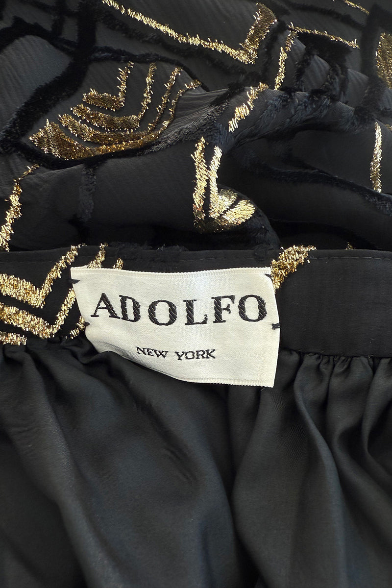 Fantastic 1970s Adolfo Black SIlk Chiffon Velvet & Gold Eyelash Detailed Skirt