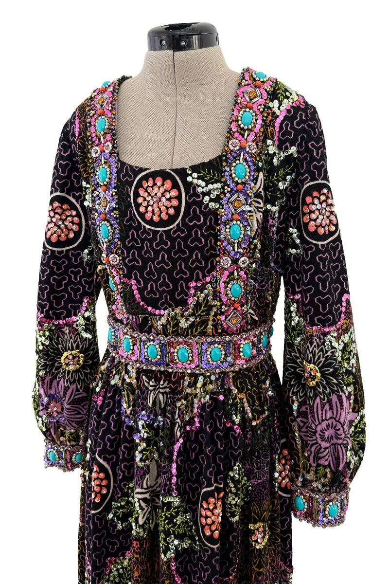 Amazing 1970s Valentina Inc. Elaborate Sequin & Bead on Printed Felt Dress