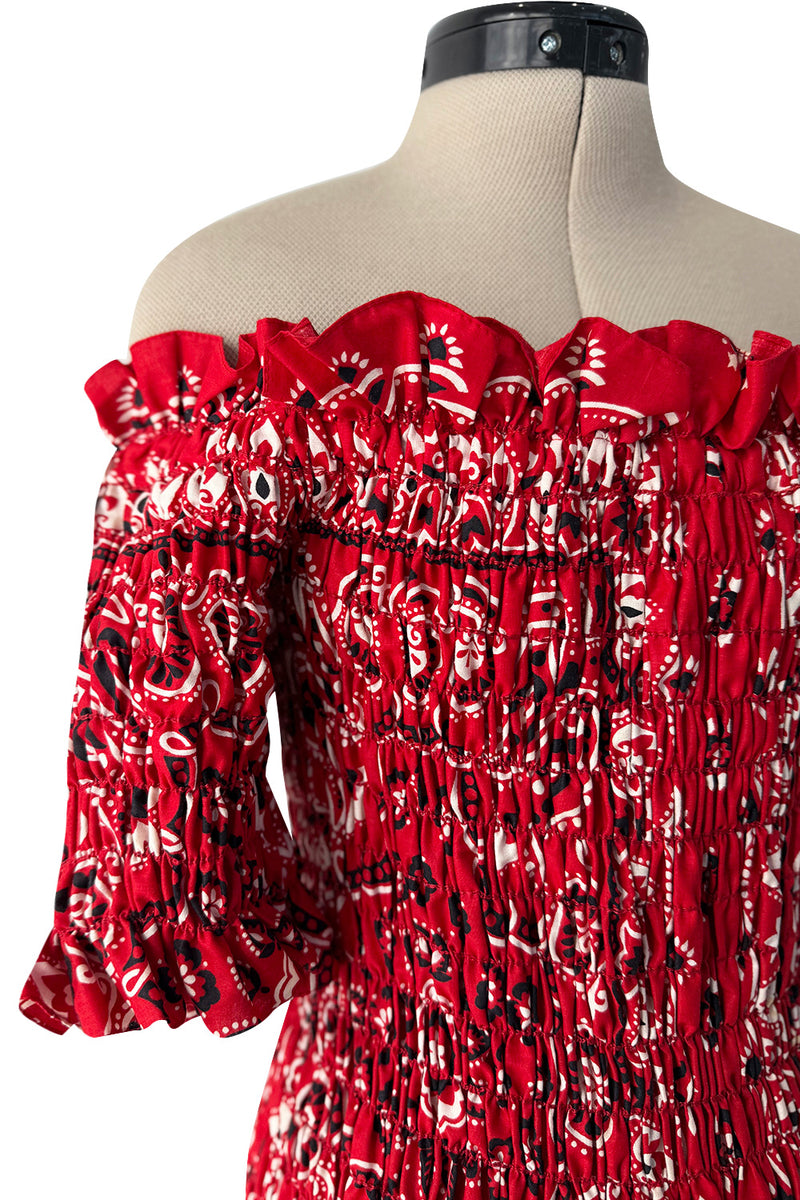 Amazing 1971 Oscar de la Renta Bandana Handkerchief Dress w Elastic Off Shoulder Bodice