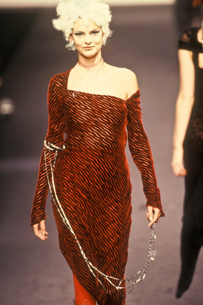 Fall 1994 Karl Lagerfeld Runway Deep Red Cut Velvet Bias Cut Dress w Angled Hem