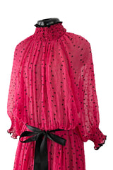 Recent Christian Dior Deep Pink Chiffon Dress w Black Dots & Gathered Neck