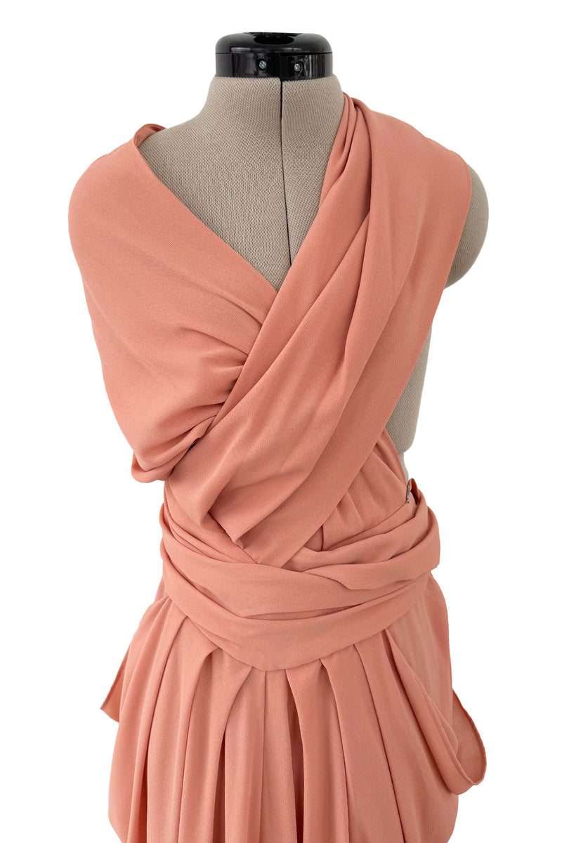 1990s Gianni Versace Pale Pastel Salmon Silk Crepe Wrapped Bodice & Bare Back Dress