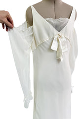 Prettiest 2000s Blumarine Sposa Ivory Chiffon Wedding Dress w Attached Sleeves & Open Shoulder