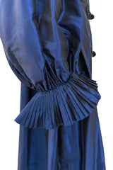 1980s Oscar de la Renta Iridescent Silk Taffeta Blue Coat or Dress w beaded Frog Knots