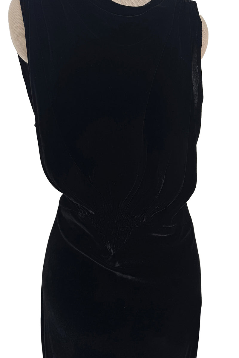 Unlabeled 1940s Black Bias Cut Silk Velvet Dress w Low Plunging Back