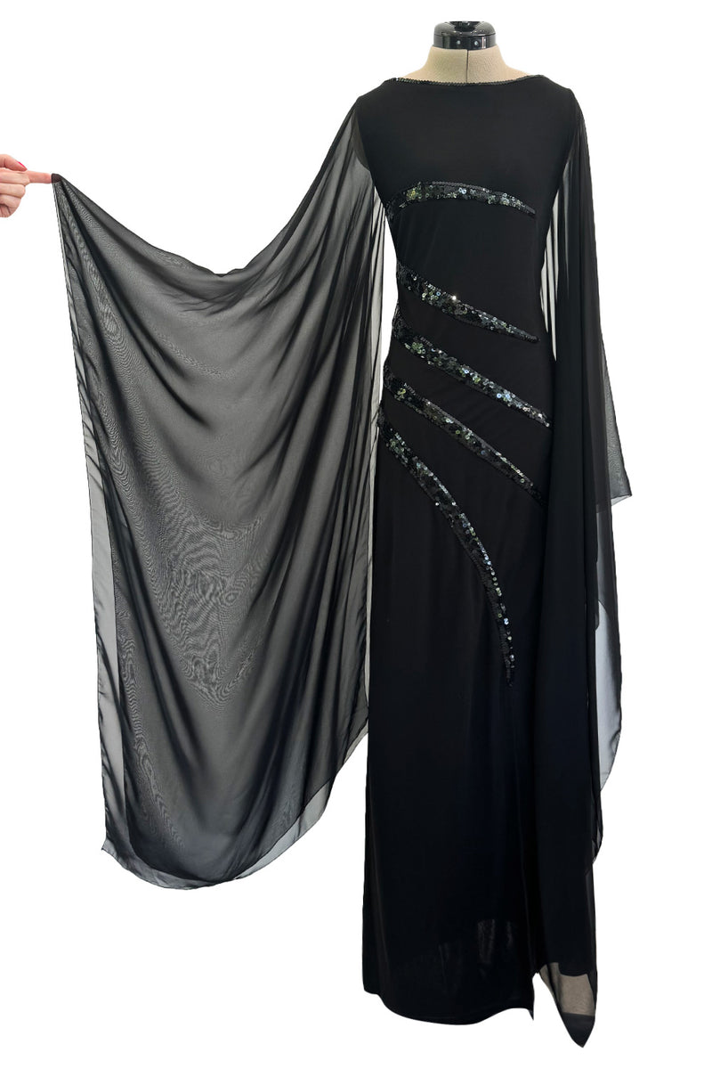 1990s Loris Azzaro Black Stretch Jersey Dress w Chiffon Angel Sleeves & Black Sequin Detailing