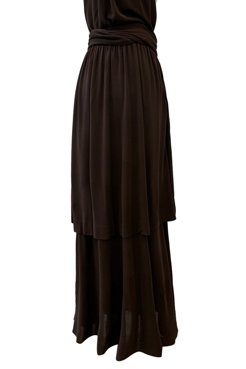 Fall 1975 Yves Saint Laurent Runway Brown Silk Jersey Backless Dress w Gold Leather Straps