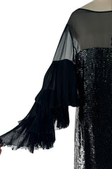 Killer 1980s Louis Feraud Black Sequin Dress w Amazing Tiered Silk Chiffon Sleeves