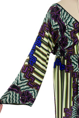 Late 1970s James Galanos Silk Chiffon Printed Jumpsuit w Wide Legs & Plunge Front