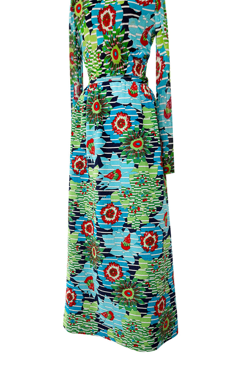 Prettiest c1972 Lanvin by Jules-Francois Crahay Printed Silk Jersey & Waffle Weave Low Back Dress