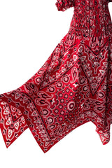 Amazing 1971 Oscar de la Renta Bandana Handkerchief Dress w Elastic Off Shoulder Bodice