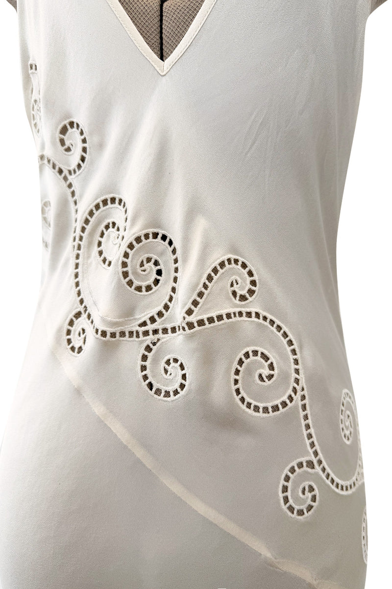 1990s Gianni Versace Ivory Bias Cut Silk Lace Slip w Embroidered Edge Cut Outs