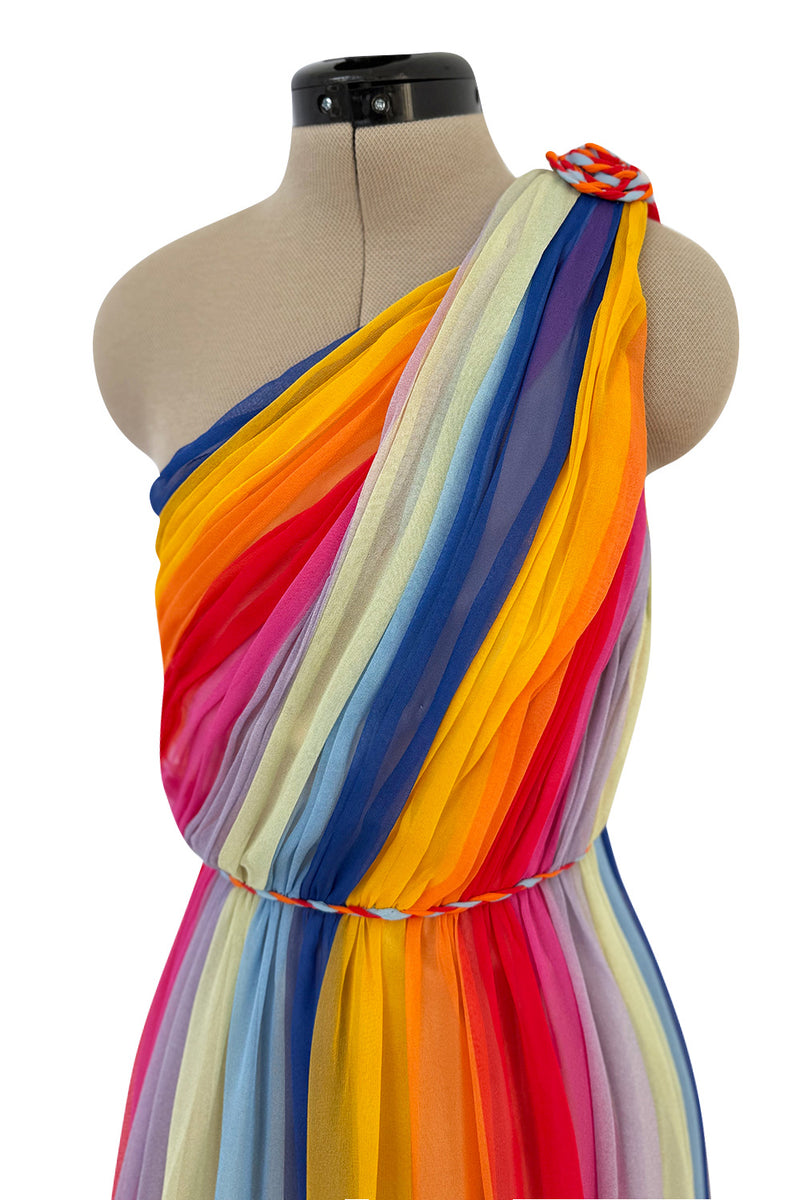 Resort 2019 Carolina Herrera by Wes Gordon Look 7 One Shoulder Rainbow Stripe Silk Chiffon Dress