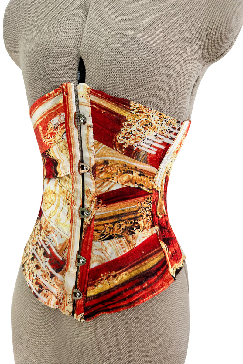 Amazing Spring 2003 Roberto Cavalli Printed Silk Lace Up Corset with Metal Stays & Hook Front