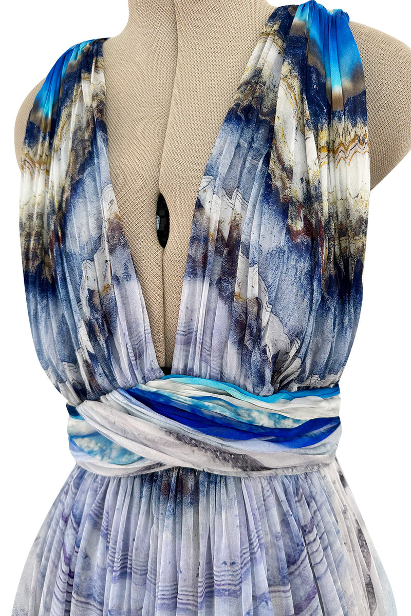 Amazing 2009-2010 Alexander McQueen Silk Chiffon Blue Agate Print Dress w Plunge Front & Open Back