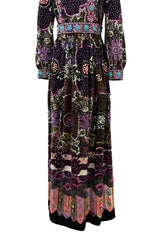 Amazing 1970s Valentina Inc. Elaborate Sequin & Bead on Printed Felt Dress