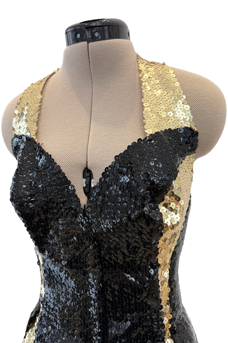 c.1973 Loris Azzaro Backless Black Jersey Dress w Gold & Black Sequin Flame Halter Top