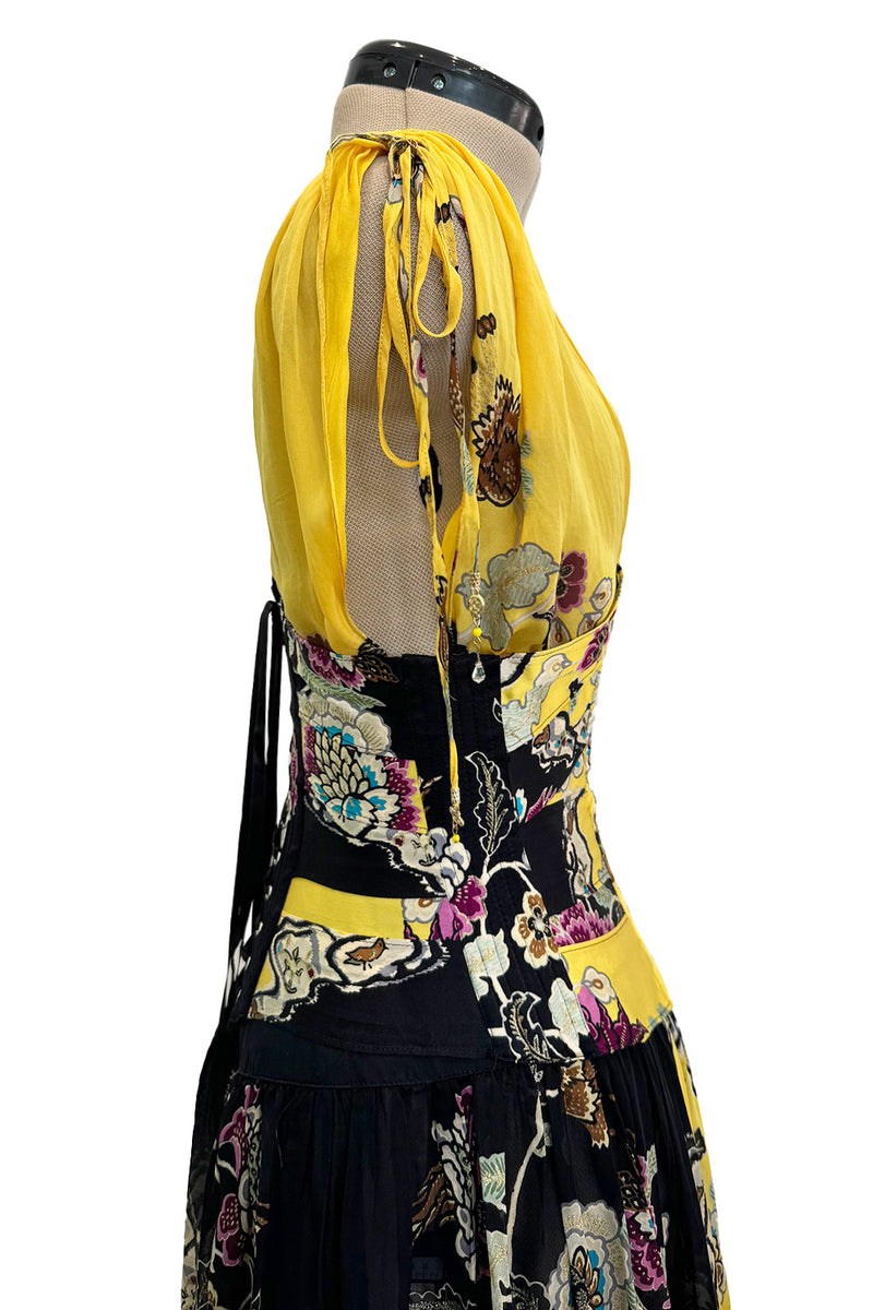 Incredible Spring 2003 Roberto Cavalli Light as Air Printed Silk & Silk Chiffon Maxi Skirt, Top & Corset Set