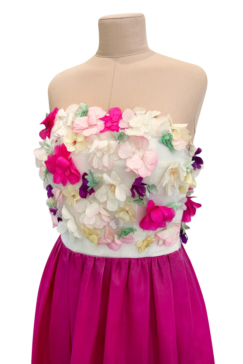 Dreamy 1982 Givenchy Strapless Silk Dress w Floral Appliques & Brilliant Full Pink Skirt