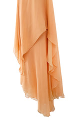 c. Resort 1976 Halston Couture Pastel Peach Silk Chiffon One Shoulder Spiral Dress