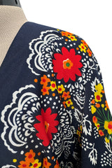 Early 1970s Oscar de la Renta Bright Floral Print on Deep Blue Jersey Dress