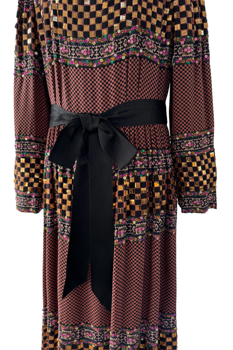 1970s Christian Dior by Marc Bohan Printed Silk Dress w Sequin Detailing & Bow Belt