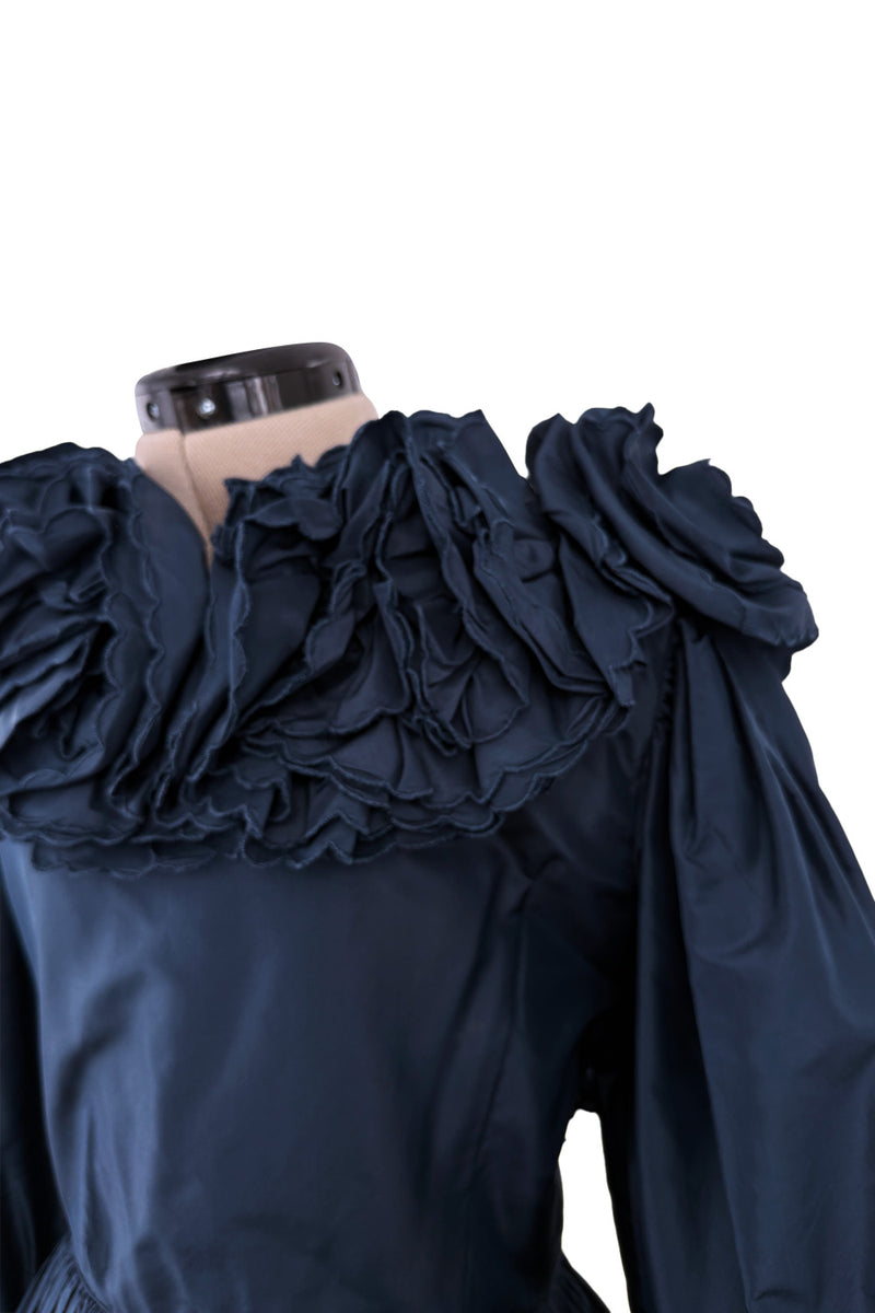 1970s Bill Blass Deep Blue Open Black Dress w Spectacular Silk Flower Detailing