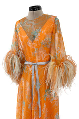 Exquisite 1960s Harry Algo printed Peach Silk Chiffon Dress w Feather Detailing