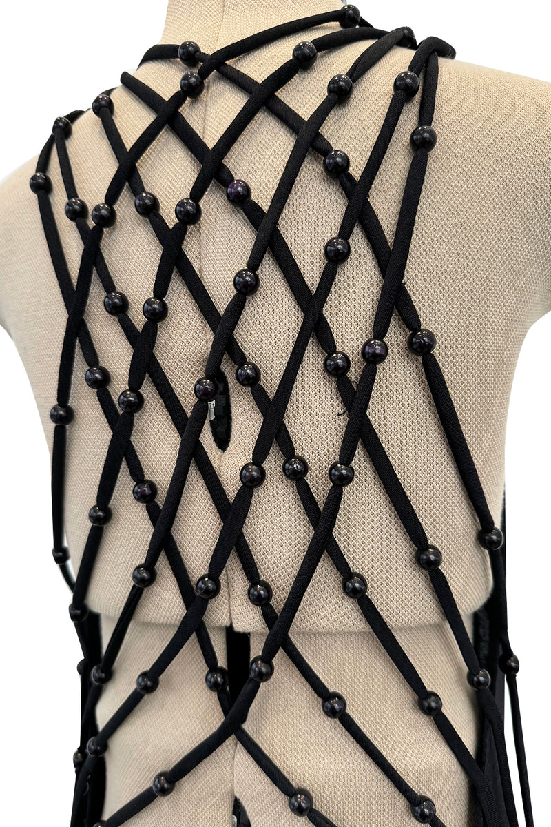 Rare Fall 1971 Loris Azzaro Black Jersey Dress w Bead & Crisscross Backless Dress