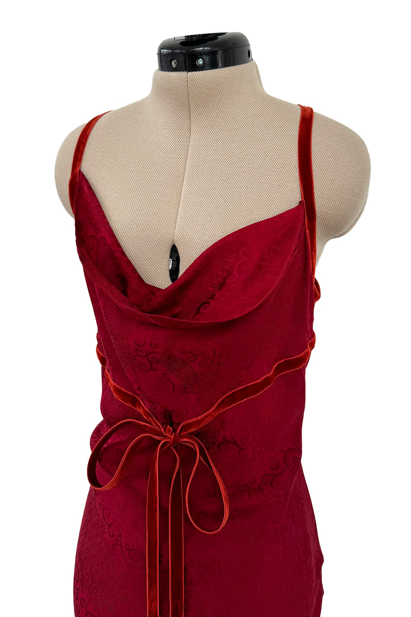 Fall 1999 John Galliano Deep Red Patterned Silk Bias Cut Backless Dress w Velvet Ribbon Details