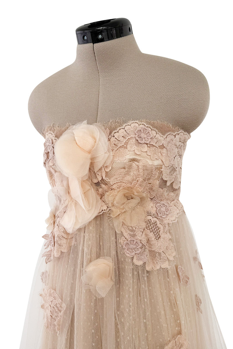 Magical 2000s Dolce & Gabbana Pinky Nude Tulle & Lace Flower Applique Strapless Dress