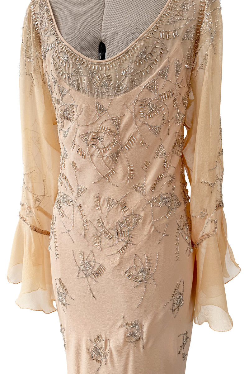 2000s Christian Dior by John Galliano Peach Silk Chiffon & Silver Beaded Bias Cut Dress