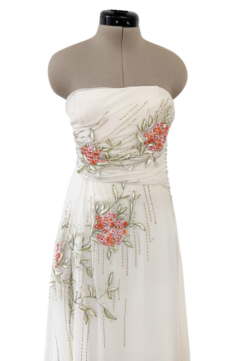 Exceptional Spring 2008 Christian Dior by John Galliano Ivory Silk Chiffon Dress w Floral Embroidery