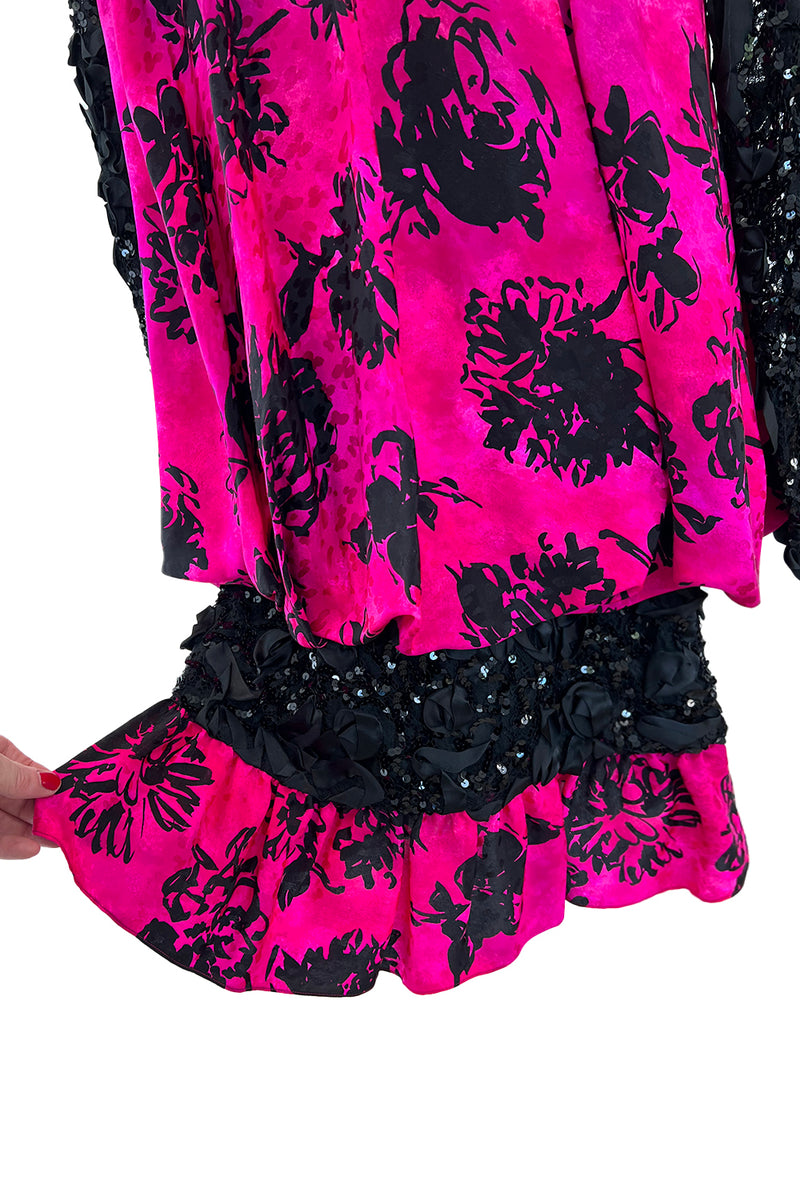 Dramatic Fall 1987 Yves Saint Laurent Runway Pink & Floral Silk Dress w Lace & Sequin Detail