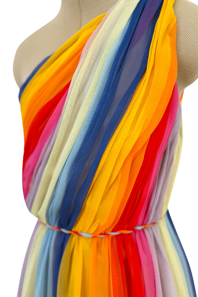 Resort 2019 Carolina Herrera by Wes Gordon Look 7 One Shoulder Rainbow Stripe Silk Chiffon Dress