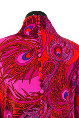 1972 La Mendola 'Paridiso' Peacock Feather Print Deep Pink Silk Jersey Dress