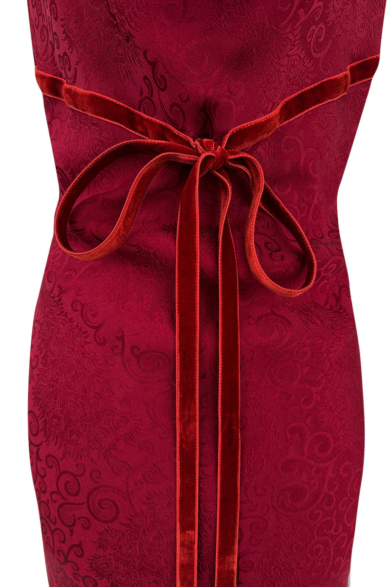 Fall 1999 John Galliano Deep Red Patterned Silk Bias Cut Backless Dress w Velvet Ribbon Details