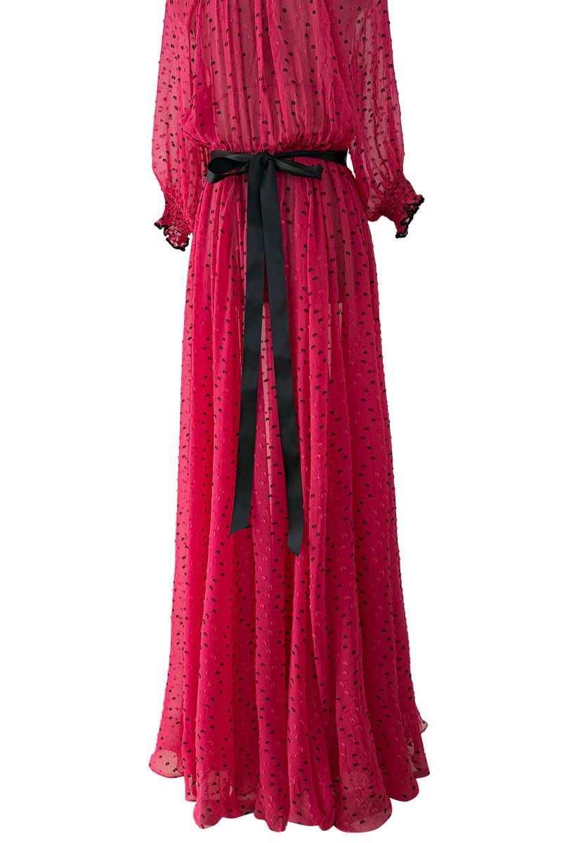 Recent Christian Dior Deep Pink Chiffon Dress w Black Dots & Gathered Neck