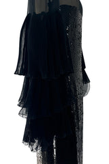 Killer 1980s Louis Feraud Black Sequin Dress w Amazing Tiered Silk Chiffon Sleeves