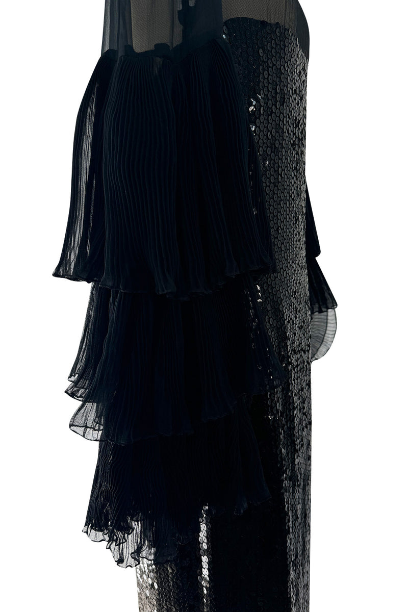 Killer 1980s Louis Feraud Black Sequin Dress w Amazing Tiered Silk Chiffon Sleeves