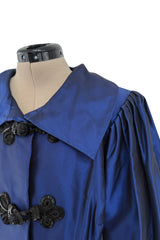 1980s Oscar de la Renta Iridescent Silk Taffeta Blue Coat or Dress w beaded Frog Knots