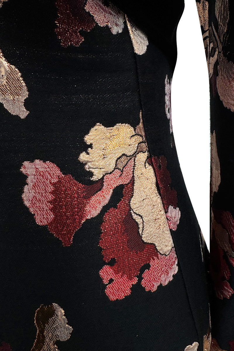 Stunning 1970s Givenchy Floral Silk Brocade Dress w Velvet Bodice & Bow