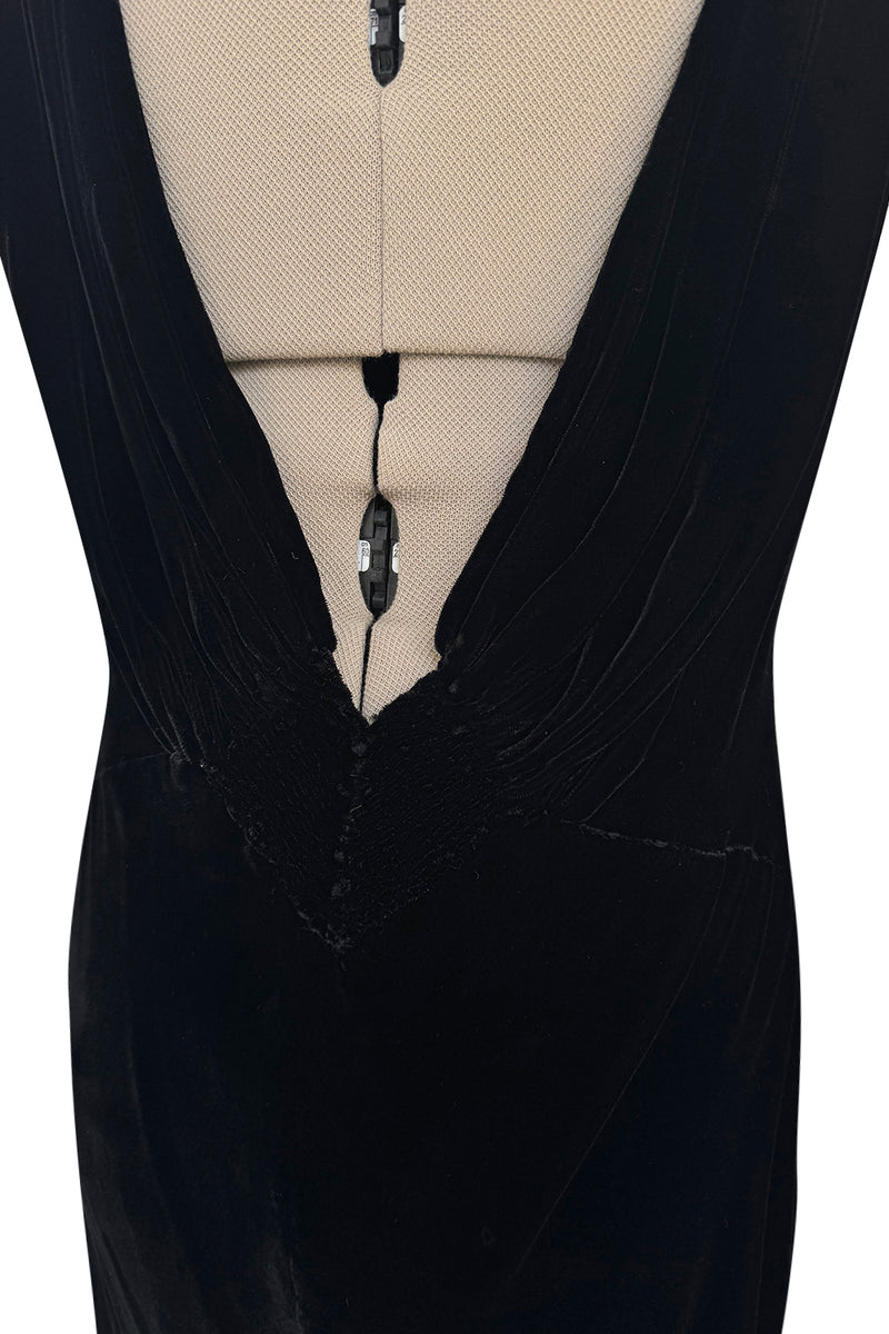 Unlabeled 1940s Black Bias Cut Silk Velvet Dress w Low Plunging Back