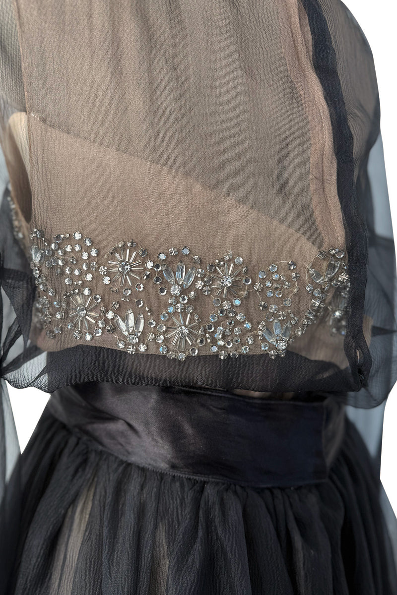 Dreamy 1960s Roger Freres Black Silk Organza Dress w Rhinestone Detailing