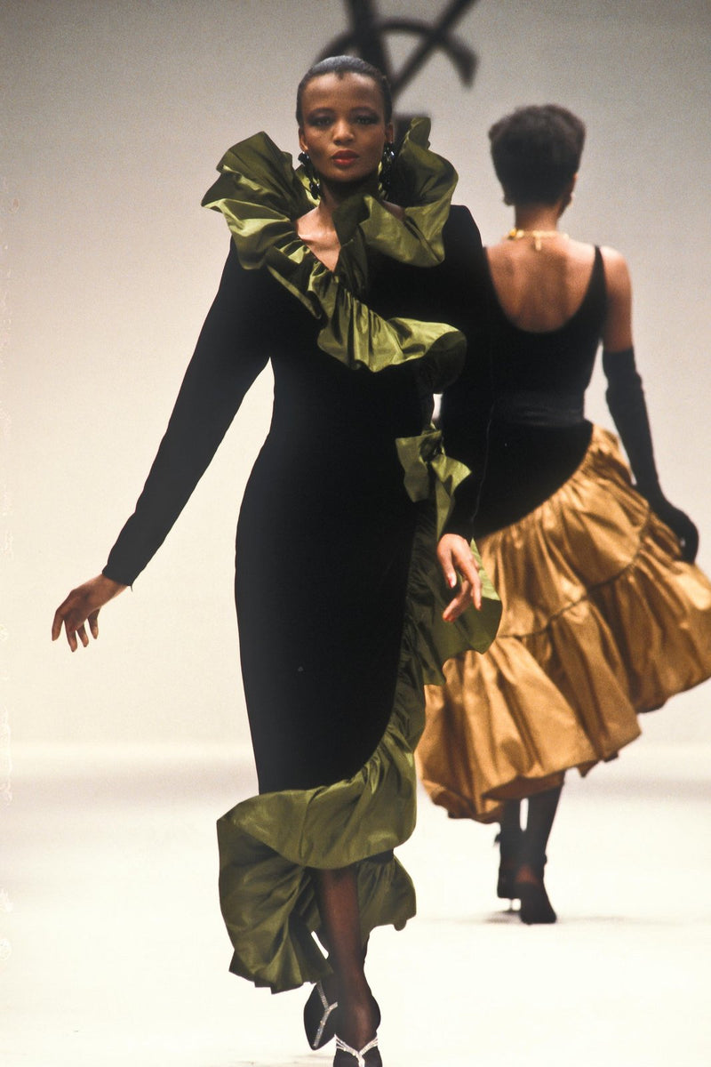 Amazing Fall 1984 Yves Saint Laurent Runway Silk Taffeta Ruffle & Velvet Wrap Dress