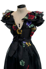 Prettiest 1960s Possible Christian Dior Floral Print Silk Organza Dress w Ruffled Shoulders